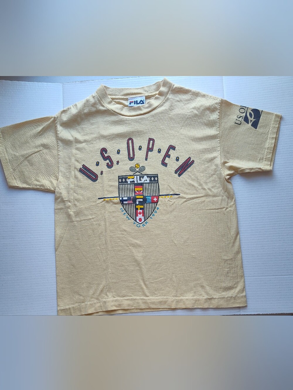 Vintage FILA U.S. Open New York 1994 Beige Tennis T-Shirt Size M Made in USA